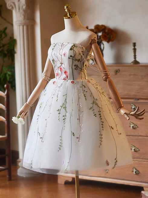 Ivory Tulle Knee Length Scoop Short Party Dress, Ivory Floral Lace Applique Homecoming Dress